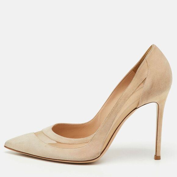 Gianvito Rossi Beige Suede And Mesh Pointed Toe Pumps Size 39.5